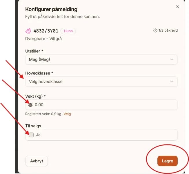 Steg 3 påmelding til utstilling
